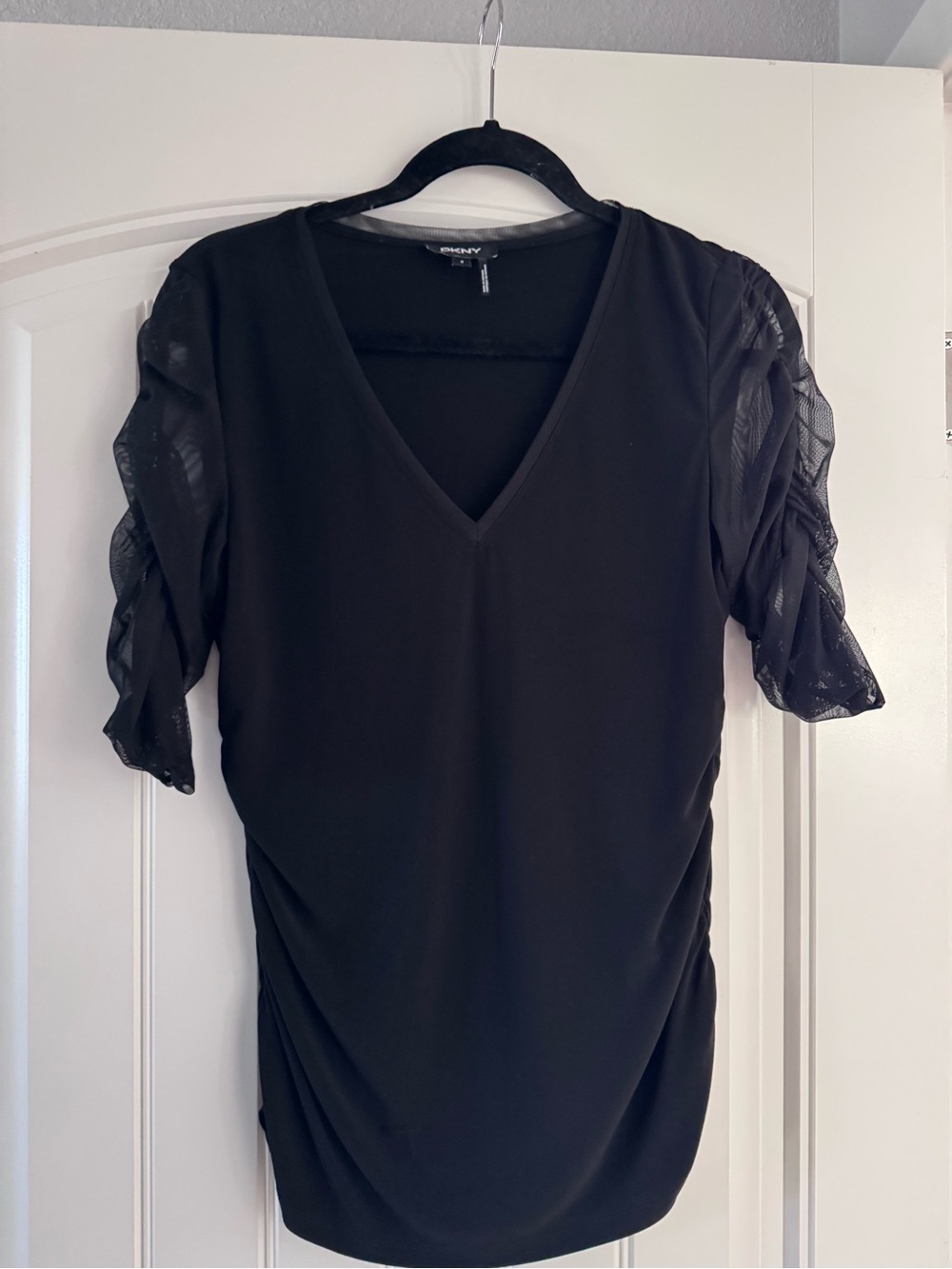 DKNY Black V-Neck Top with Sheer Ruched Puff Sleeves